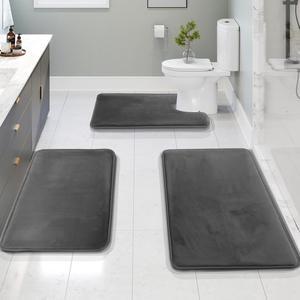 3 Piece Bathroom Rugs Bath Mat Set Velvet Memory Foam Bath Mats for Bathroom - Non-Slip PVC Backing Bath Rugs Washable Bathroom Rug Mats - Dries Quickly Grey Bathroom Rug Set