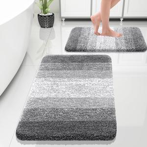 Luxury Bathroom Rug Set 2 Piece Soft Absorbent Microfiber Bath Rug Set Non-Slip Striped Bath Carpet Machine Wash Dry Bath Mats for Bathroom (30x20+24x16 Grey)