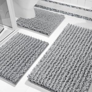 Bathroom Rugs Sets 3 Piece Fluffy Plush Chenille Baht Room Mats Sets with Toilet Rug U Shaped Soft Shaggy Absorbent Non Slip Shower Rug for Sink Laundry Room Mat Machine Washable Gray