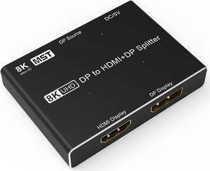 Displayport Splitter Display Port Splitter 1 in 2 Out(DP to HDMI&DP Splitter) HDMI Displayport Switch 1 in 2 Out Extended Display Video Switcher Adapter DP&HDMI Displayport Splitter
