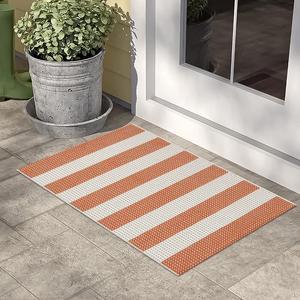 Door Mat Outdoor 24x35 Orange and White Striped Rug Front Door Rug Indoor Outdoor Washable Welcome Mats Cotton Woven Entryway Rug for Front Porch/Laundry/Bathroom/Bedroom
