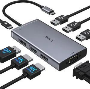 USB C Laptop Docking Station Dual Monitor Adapter for  HP, 8 in 1 Docking Station 3 Monitors Hub with 2 HDMI*4K, Displayport, VGA, 3USB 2.0,100W PD, Thunderbolt 4 USB C Dock for Lenovo,Surface