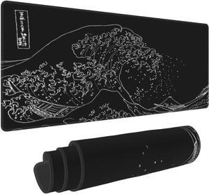 Japanese Sea Wave Anime Kanagawa Cool Large Gaming Mouse Pad Black and White Keyboard Mouse Mat Long Computer Gaming Mousepad for Home Office Work Desk Stitched Eges Non-Slip Base Mouse Pads Mat