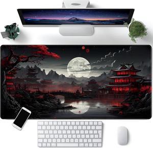 Japanese Desk Mat Riverside Full Moon Desk Pad Black Red Large Mouse Pad Gaming Mousepad Extended XXL Keyboard Pad 31.5 x 15.7 in Laptop Computer Mouse Keyboard Mat for Office Desk Decor