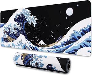 Gaming Laptop Mouse Pad Sea Wave Big Mice Pads PC Keyboard Waterproof and Non-Slip 31.5 x 11.8inches 3mm Thick XL XXL Rubber Table Mat Kanagawa Surfing and Black Japanese Mouse Pads