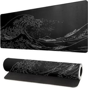 Japanese Sea Wave Large Mouse Pad Anime Black Gaming Extended Kanagawa Mat Desk Pad 3mm Thick Long Non-Slip Rubber Base Mice Pad 31.5 X 11.8 Inch
