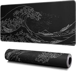 Japanese Gaming Mouse Pad Abstract Black Mouse Pad 31.5x11.8 Inch Black Sea Wave Texture Non-Slip Rubber Base Large Ocean Mousepad Stitched Edges Keyboard Mouse Mat Desk Pad for Office and Home