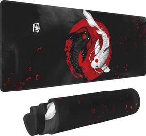 Japanese Yin and Yang Koi Carp Fish Black Red Mouse Pad XL Extended Desk Mat Non Slip Rubber Base Stitched Edge Gaming Pc Desktop Large Mice Pad 31.5 x 11.8 Inch