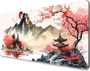 Gaming Mouse Pad with Japanese Cherry Blossom Cool Extended Large Mousepad for Desk 31.5 x 11.8 in Non-Slip Base Stitched Edgesfor Gaming and Office Work Black and Red
