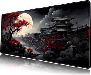 Riverside Full Moon Desk Mat Japanese Desk Pad Black Red Large Mouse Pad Gaming Mousepad Extended XXL Keyboard Pad 31.5 x 11.8 in Laptop Computer Mouse Keyboard Mat for Office Desk Decor