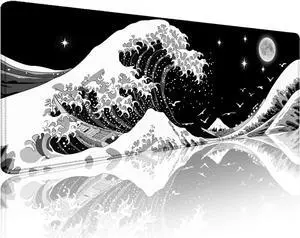 Gaming Mouse Pad Japanese Sea Wave Large XXL Mouse Pad Big Desk Pad Keyboard Computer Mousepad Mouse Mat with Non-Slip Base Stitched Edge for Home Office Gaming Work 31.06 x 11.8