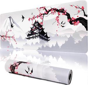 Japanese Cherry Blossom Gaming Mouse Pad 31.5x11.8in Pink Full Desk Japanese Sakura Gaming Mouse Pad Large Non-Slip Rubber Base Waterproof Big Keyboard Mat with Stitched Edges for Gaming Office