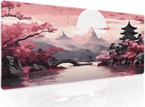 Pink Japanese Sakura Gaming Mouse Pad XL Cherry Blossom Tower Mountain Landscape Extended Large Desk Mat Big Mousepad Non-Slip Rubber Base Stitched Edge Long Desk Pad for Computer Gamer 31.511.8 in