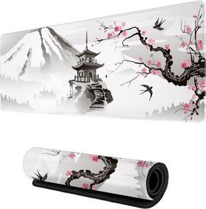 Japanese Cherry Blossom White Gaming Mouse Pad XL Extended Large Mouse Mat Desk Pad Stitched Edges Mousepad Long Nonslip Rubber Base Mice Pad 31.5 X 11.8 Inch