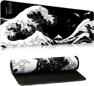 Black Large Mouse Pad Japanese Sea Wave Anime Gaming Mouse Pad Extended Kanagawa Non-Slip Rubber Base Mouse Mat 31.5 X 11.8 Inch Stitched Edges Keyboard Mice Pad Desk Pad