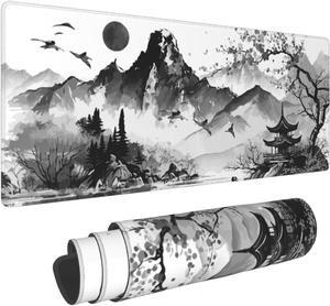 Black White Japanese Watercolor Cherry Blossom Gaming Mouse Pad 31.5x11.8 XL Extended Mousepad Large Keyboard Mouse Mat Desk Pad with Non-Slip Rubber Base Stitched Edges for Home Office Game