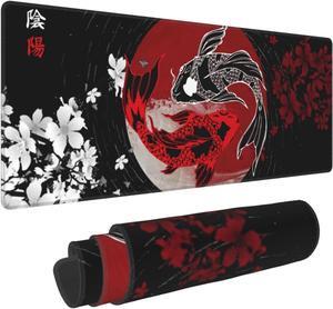 Japan Japanese Yin and Yang Koi Fish Black and Red Mouse Pad XL Extended Mouse Mat Non Slip Rubber Base Stitched Edge Gaming Pc Large Mice Pad 31.5 X 11.8 Inch