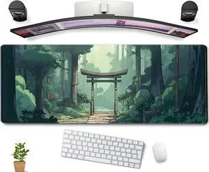 Japanese Green Forest Gaming Mouse Pad Anime Tree Woodland Desk Mat XL Large Cute Aesthetics Women Office Desk Decor Laptop Computer Keyboard and Mouse Mat with Stitched Edges Matt 31.5x11.8