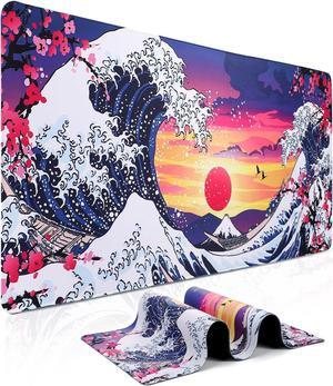 XXL Large Gaming Mouse Pad - Japanese Sea Waves Mouse Pad 35.4 x 15.7 Extended Desk Mat with Stitched Edges Non-Slip Base Water Resist Keyboard Pad Big Mouse Pad for Gamer Office Home