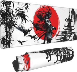 Watercolor Japanese Samurai Bushido Ink Painting Mouse Pad XL Extended Mouse Mat Non Slip Rubber Base Stitched Edge Gaming Pc Large Mice Pad 31.5 X 11.8 Inch