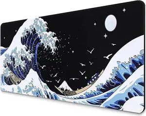 Gaming Mouse Pad with Japanese Sea Wave Extended Large Cool Anime Mousepad for Desk 31.5 x 11.8 in Non-Slip Base Stitched Edges for Gaming and Office Work (Blue)