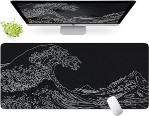 Felt Desk Mat Japanese Sea Wave Large Mouse Pad No Bad Smell Felt Mouse Pad with Stitched Edges 3mm Thick 35.4x15.7 inch Felt Desk Pad Mat Black Mouse Pad for Gaming Work Black