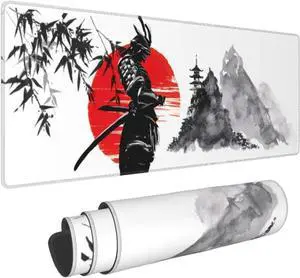 Watercolor Japanese Samurai Bushido Gaming Mouse Pad XL Non Slip Rubber Base Mousepad Stitched Edges Desk Pad Extended Large Mice Pad 31.5 X 11.8 Inch