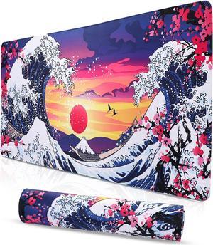 Japanese Wave Mouse Pad - Large Anime Gaming Desk Mat Kanagawa Computer Keyboard Big Desk Pad 35.4 X 15.7 Inch XXL Office Desktop Pads Extended Non-Slip Rubber Base with Stitched Edge