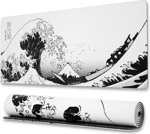 Gaming Mouse Pad with Stitched Edges Japanese Wave Mouse Pad Extended XL Mousepad with Anti-Slip Base Cool Large Mouse Pad for Desk 31.5 x 11.8 in Black and White