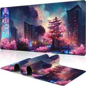 Japanese Fantasy Night City Desk Mat Large Beautiful Night Scene Gaming Keyboard Mouse Pad Non-Slip Rubber Base Desk Pad Thick Stitched Edges Waterproof Mousepad Mouse Mat 31.5x11.8