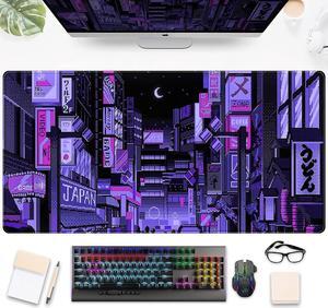 Tokyo Street Desk Pad Purple Cute Retro Large Gaming Mouse Pad Japanese Anime Laptop Keyboard Mouse Mat XXL Aesthetic Neon Pixel Skyline/City Desk Mat Desk Decor Pads for Women 31.5x15.75