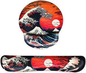 Ergonomic Japanese Sea Waves Small Mouse Pad with Wrist Rest and Keyboard Wrist Rest Set Easy Typing & Pain Relief Gaming Mousepad with Wrist Support for Computer Keyboard Non-Slip Rubber Base