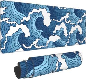 Japanese Blue and White Wave Gaming Mouse Pad Extended Large Mouse Mat Desk Pad Stitched Edges Mousepad Long Non-Slip Rubber Base Mice Pad 31.5 X 11.8 Inch