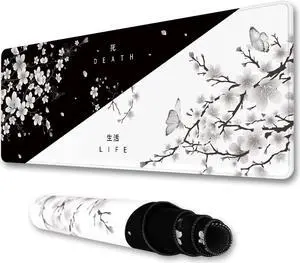 Black and White Cherry Blossom Mouse Pad Yin and Yang Designed Mouse Mat XL Large Desk Pad Extended Japanese Sakura Mousepad Waterproof Non Slip Rubber Base Keyboard Pads 31.5 X 11.8 Inch