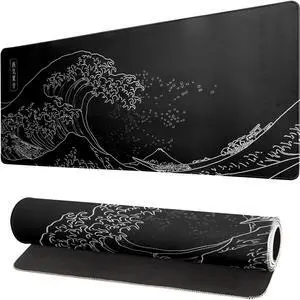 Japanese Sea Wave Gaming Mouse Pad 31.5x11.8 Inch Anime Black Mouse Pad Big Kanagawa Large Mousepad Extended Non-Slip Rubber Base Waterproof Big Keyboard Mat with Stitched Edges for Gaming and Office