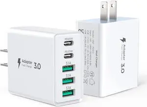 USB C Wall Charger [2-Pack] 50W Fast USB C Charger Block 5-Port PD+QC Power Adapter Charging Box Brick for iPhone 15 14 13 12 11 Pro Max iPad Google Pixel  Galaxy and More-White