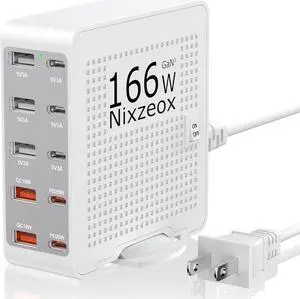 166W GaN10-Port USB C Charging Station PD20W QC18W Fast Charging Wall Charger for iPhone 15/14/13/12/11 iPad  Pixel 5FT Extension Cord White-Silver