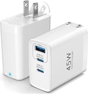 45W USB C Charger Block, 2-Pack Compact Foldable Wall Charger 3-Port GaN Type C Changer Fast Charging for iPhone 16/16 Pro/16 Pro Max/15 Pro/14 Pro/13 Pro/12, for Samsung Galaxy S24/S23, White
