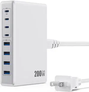 200W USB C Charger,GaN III 8-Ports USB C Charger Block,QC4.0 Fast Phone Charging Station Hub+PD 65W USB C Laptop Charger Adapter Compatible with MacBook Pro/Air,,iPhone 16/15,iPad,Steam Deck-White