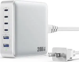 USB C Charger Block 200W [2024 Upgraded] GaN III 6 Port Fast Charging Station Hub PD 65W USB C Laptop Charger Compatible with MacBook Pro/Air iPad iPhone 15/14 Galaxy S24 Steam Deck Dell etc-White