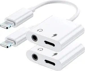 2 Pack  Mfi Certified Lightning to 3.5 mm Headphone Jack Adapter for iphone Dongle Aux Cord 2 in 1 Charger and Aux Audio Splitter Adapter Compatible with iphone 14 13 12 11 X