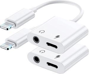 2 Pack Headphone Adapter for iPhone [MFi Certified] 2 in 1 Lightning to 3.5mm AUX Audio + Charger Dongle Splitter support for iPhone 14/13/12/11/XS/XR/X 8/iPad Support All iOS System