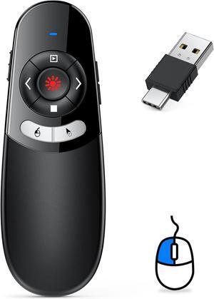2 in 1 Type C and USB Presentation Clicker with Air Mouse Control RF 2.4GHz Wireless Presenter Remote PowerPoint Clicker Slide Pointer Advancer for Computer Laptop Classroom Office