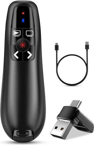 2-in-1 USB Type C Presentation Clicker Clicker for PowerPoint Presentations Rechargeable Wireless Presenter Remote Pointer RF 2.4GHz USB PowerPoint Clicker Slide Advancer with Volume Control