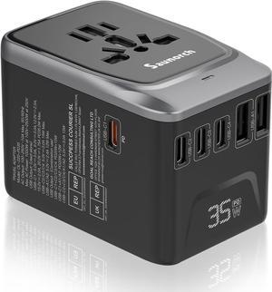 Universal Travel Adapter PD 35W 7 in 1 International Power Plug Adapter with 7.0A 4 USB-C and 2 USB-A Fast Wall Charger Worldwide AC Outlet for US Europe UK AUS (Black+Silver)