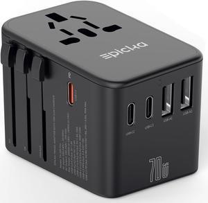 Universal Travel Adapter, GaN International Plug Adapter with 3 USB-C 70W PD Fast Charging & 2 USB-A Adaptor All-in-one Wall Charger for USA EU UK AUS (TA-105 Pro, Black)