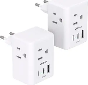 2 Pack European Travel Plug Adapter International Power Plug Adapter with 3 Outlets 3 USB Charging Ports(2 USB C) Type C Plug Adapter Travel Essentials to Most Europe EU Spain Italy France Germany