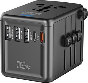 Universal Travel Adapter 35W PD Fast Charging Offers 3X2.4A USB-A Ports 2X USB-C Ports and Multi AC Outlet International Plug Converter Worldwide Travel Charger All in One for EU US UK AUS
