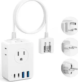 European Travel Plug Adapter 5ft Detachable Extension Cord with Type C/G/E/F Plug Kit 4 AC Outlets 4 USB Ports (2 USB C) UK Germay France Greece Travel Plug Adapter