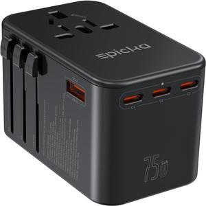Universal Travel Adapter, GaN 75W International Plug Adapter with 3 USB-C PD Fast Charging & 2 USB-A Quick Charging Adaptor All-in-one Wall Charger for USA EU UK AUS (TA-105 Max, Black)